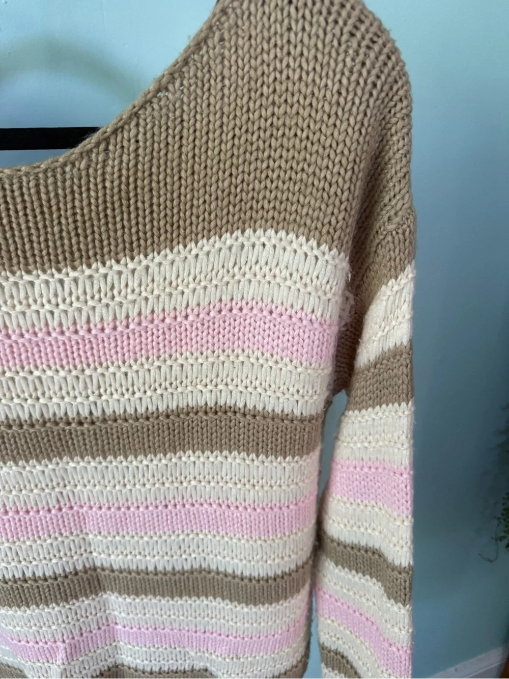 Hollister Striped Slouchy Off The Shoulder Knit Sweater in Beige, Pink & Cream
